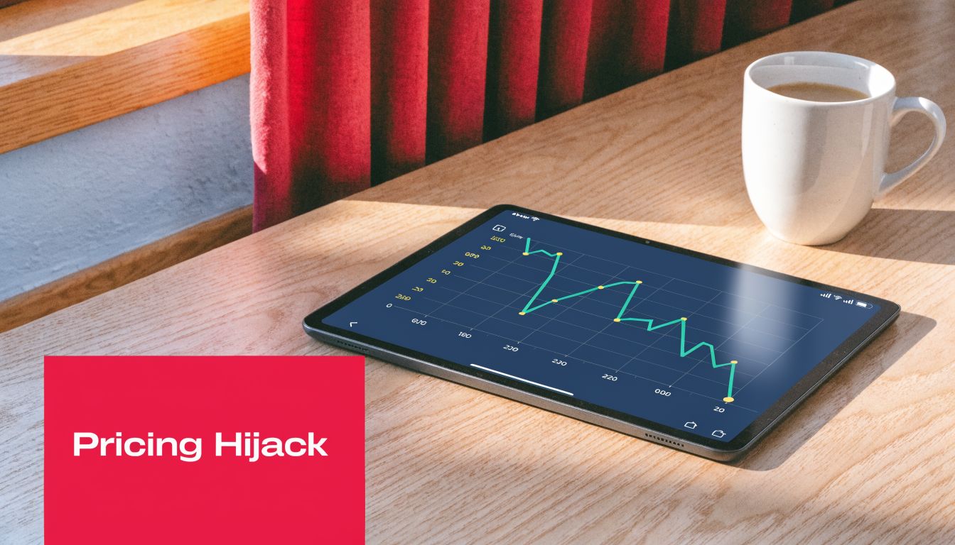 A tablet on a wooden desk displaying a fluctuating line graph next to a white coffee mug.