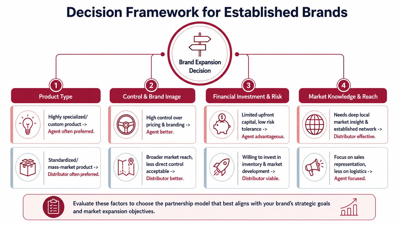 Decision framework infographic comparing factors for choosing between an agent or a distributor for brand expansion.