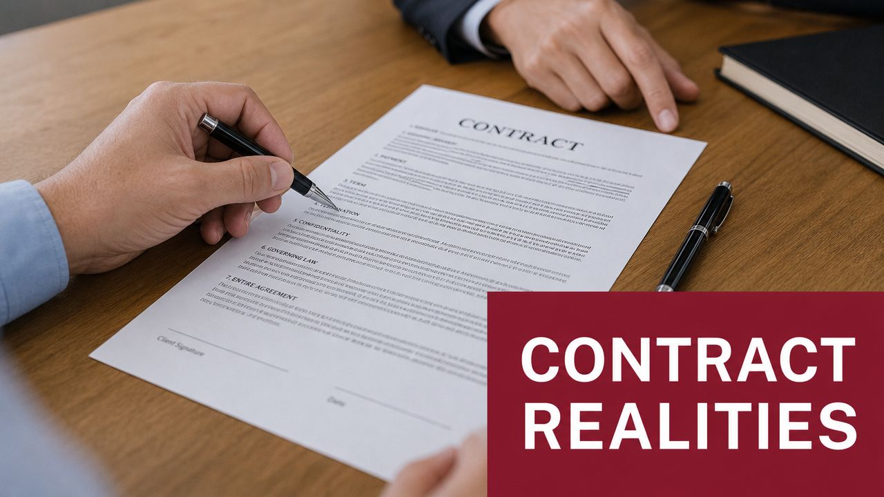 Two business professionals reviewing a legal contract document together on a wooden office desk surface.