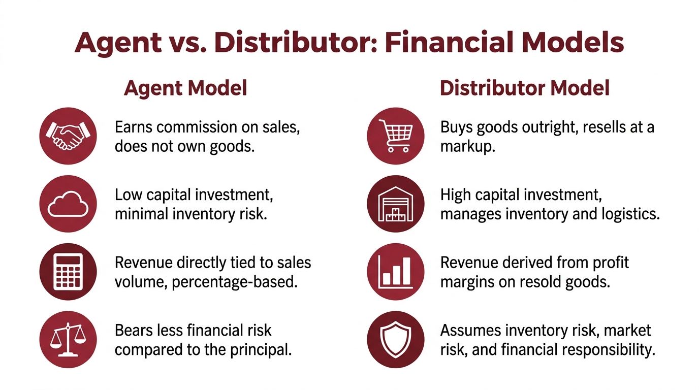 A comparison chart outlining the key financial differences between agent and distributor business models.