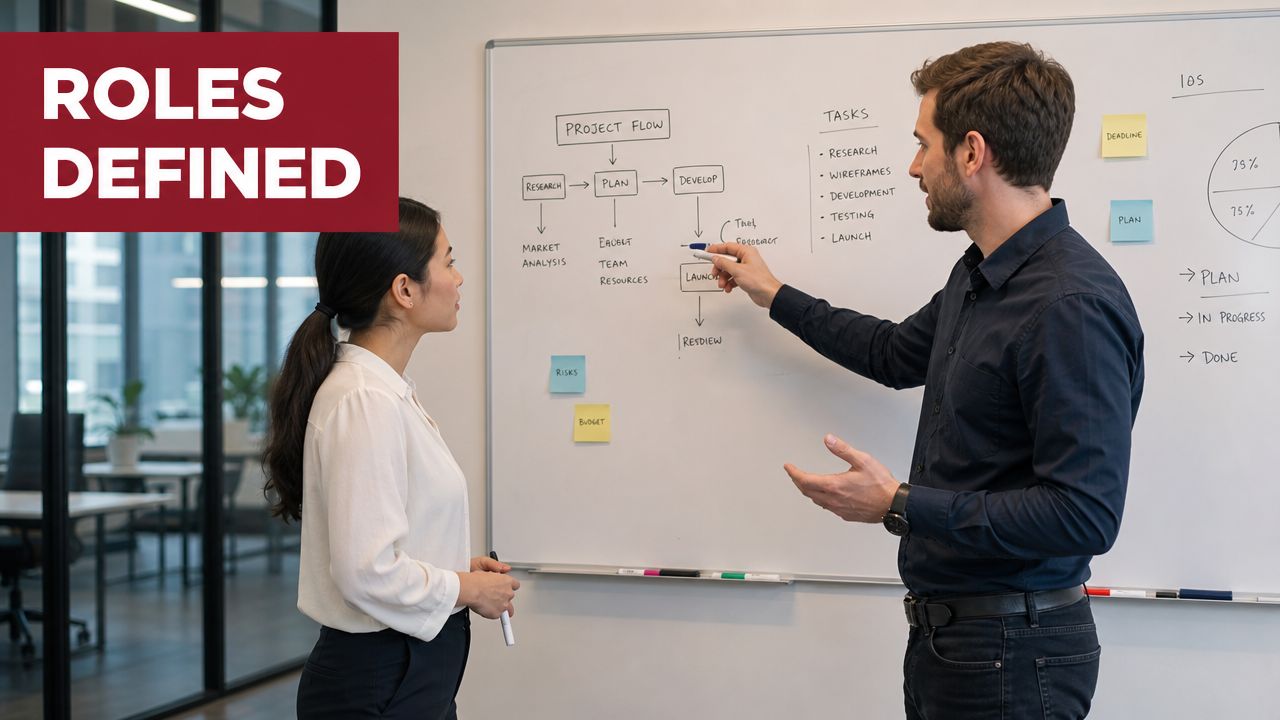 A professional man and woman discussing a project flow chart on a whiteboard in an office.
