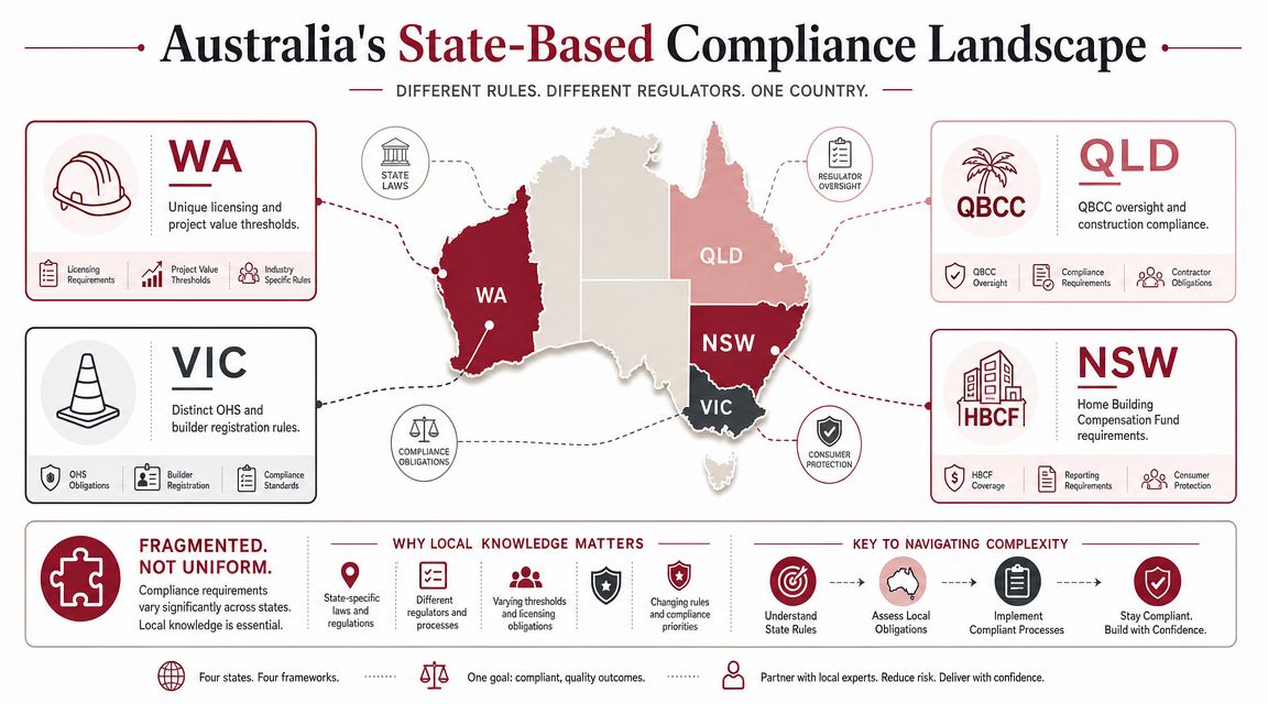 An infographic detailing the fragmented and varied state-based construction compliance landscape across Australia's different regions.