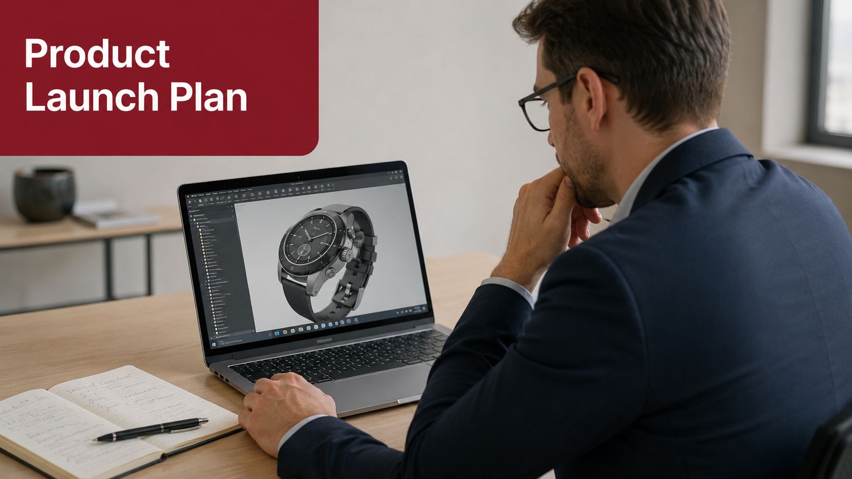 A professional man sitting at a wooden desk looking at a 3D watch design on his laptop.