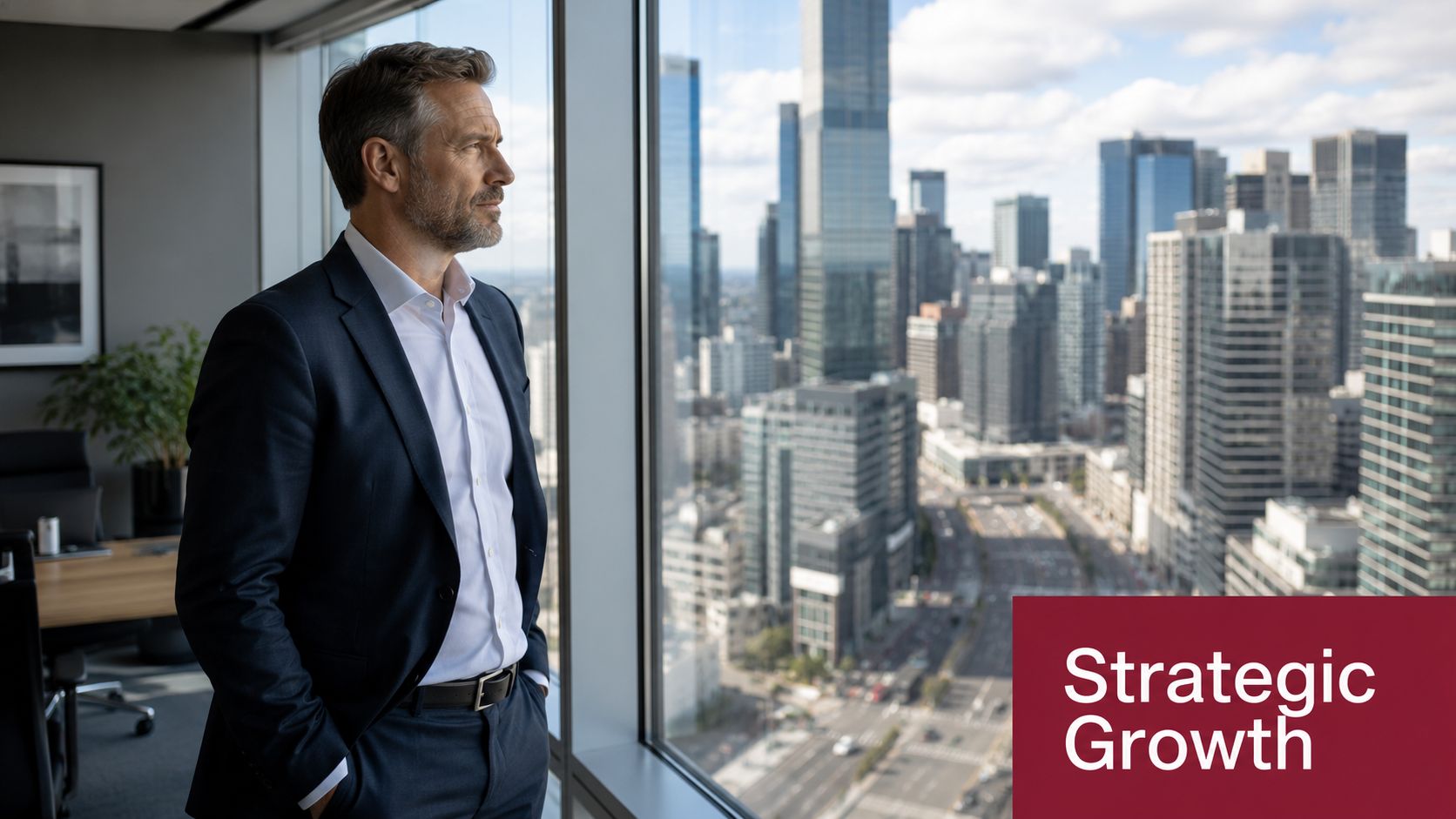 A professional man in a suit looking out of an office window at a city skyline.
