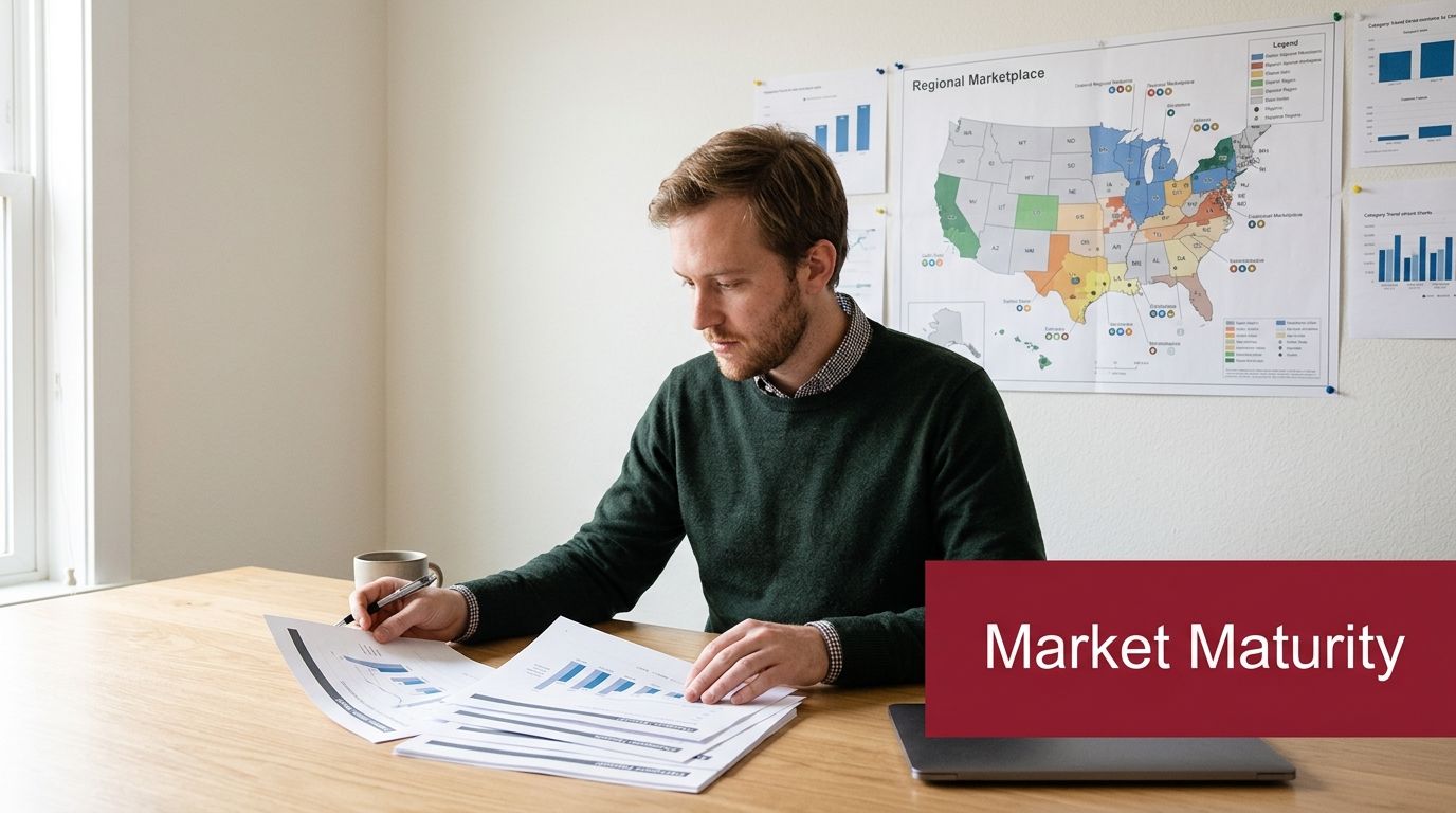 A professional man analyzing business data charts and a regional marketplace map at his wooden desk.