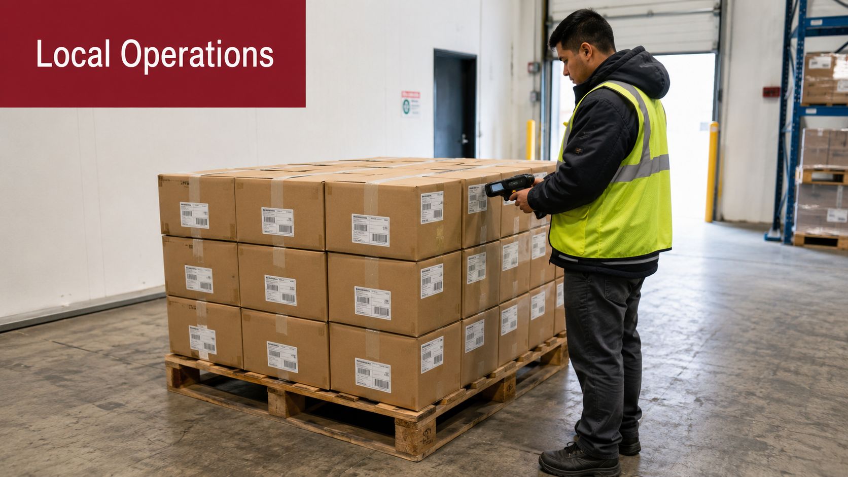 A warehouse worker in a high-visibility vest scanning boxes on a wooden shipping pallet using a scanner.