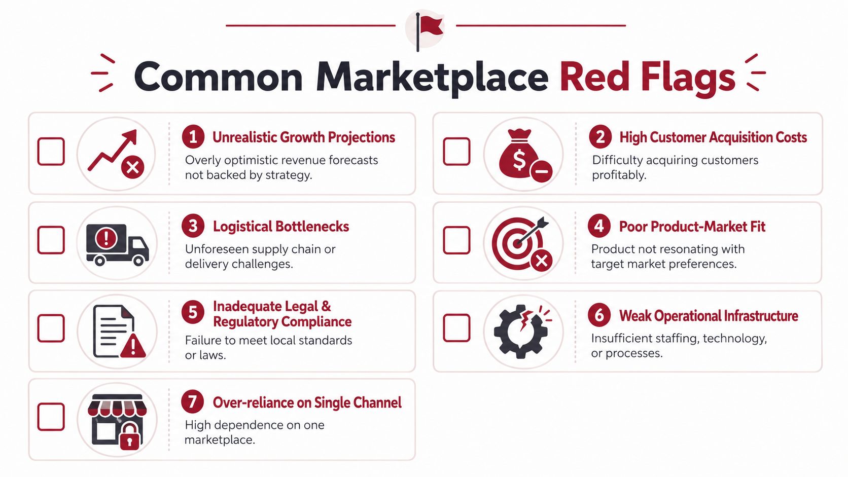An infographic titled Common Marketplace Red Flags listing seven key business risks for investors and entrepreneurs.