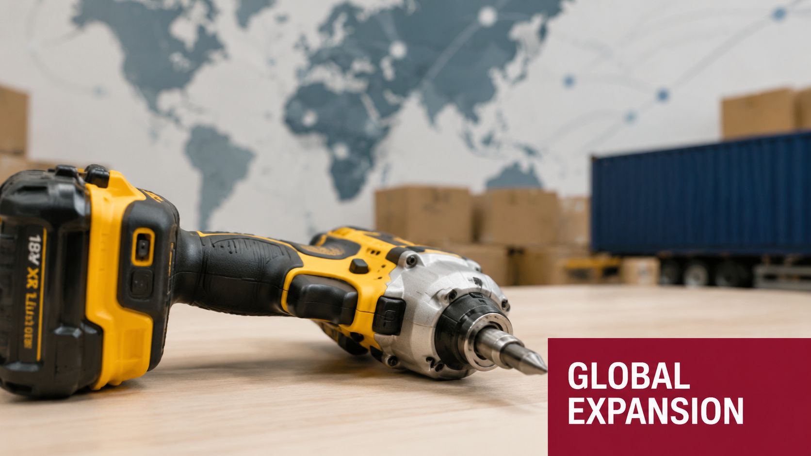 A yellow cordless power drill sits on a wooden desk in front of a world map wall.
