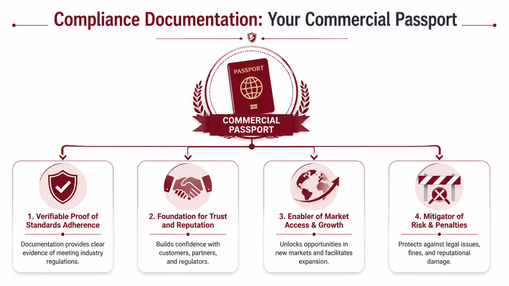 A diagram illustrating compliance documentation as a commercial passport for business growth and risk mitigation.