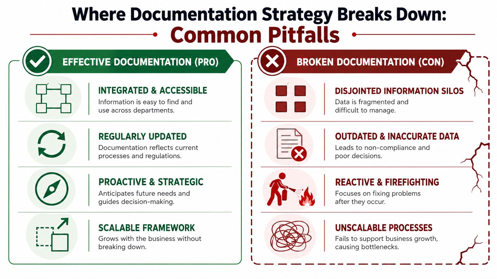 A comparison chart showing the differences between effective documentation strategies and common broken documentation pitfalls in business.