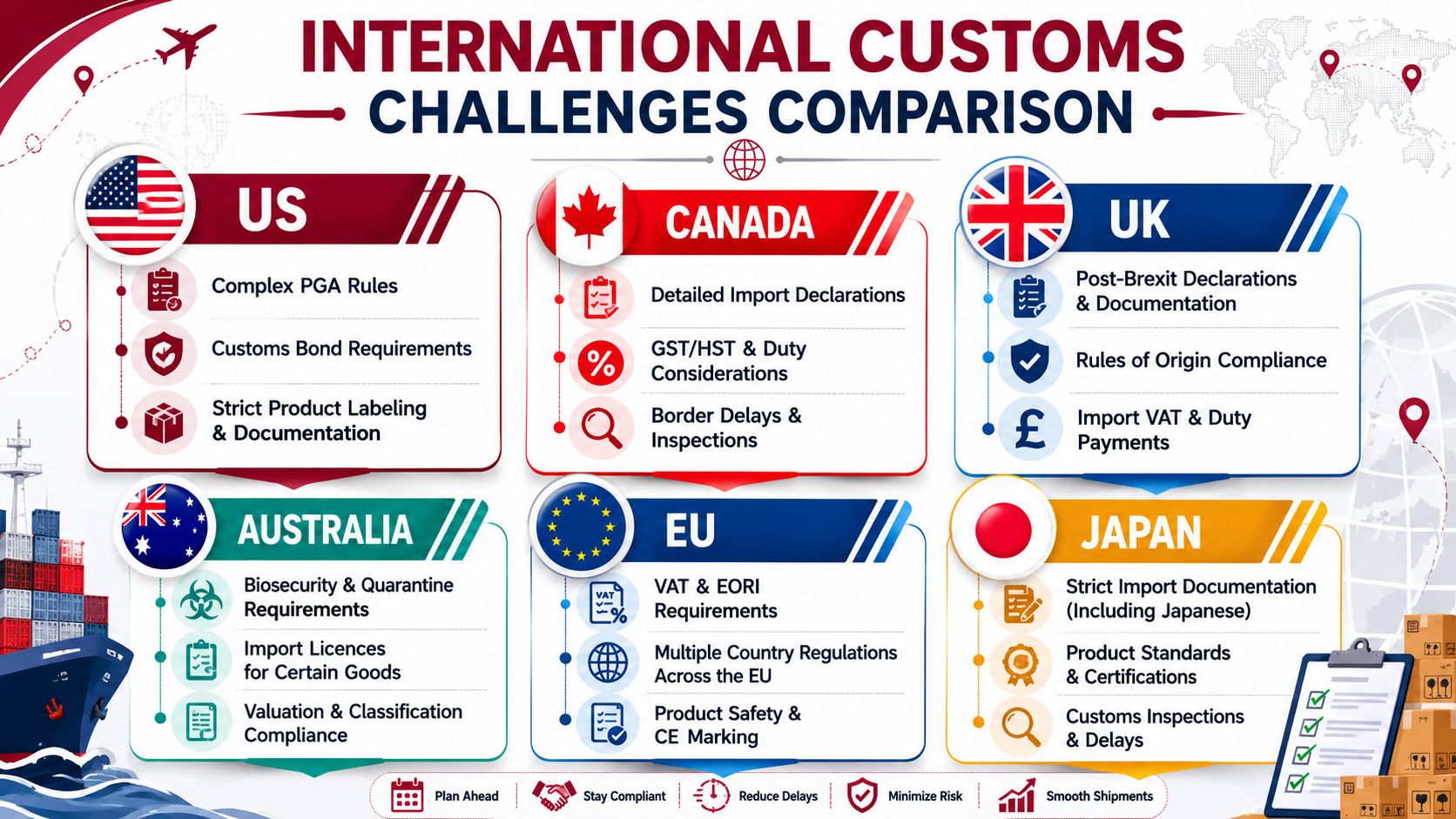 A comparison infographic detailing international customs challenges for shipping to the US, Canada, UK, Australia, EU, and Japan.