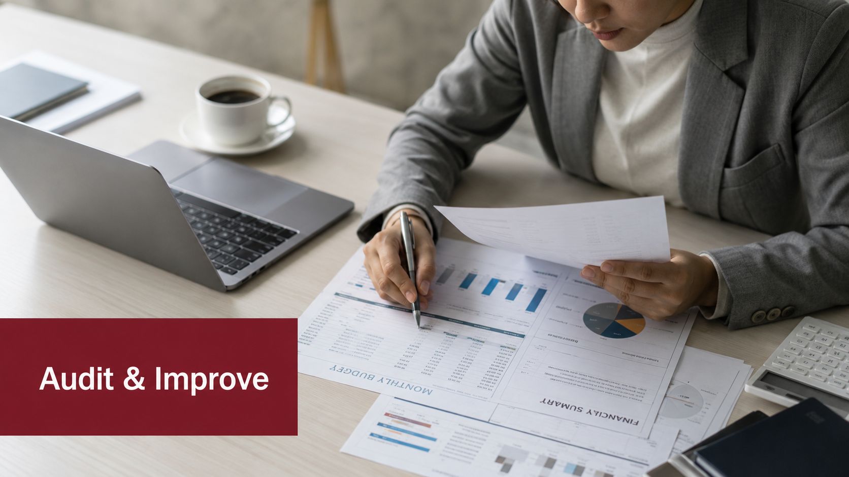 A professional analyzing financial documents and monthly budget reports at a desk with a laptop.