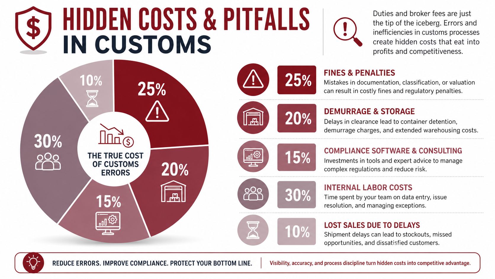 An infographic illustrating the hidden costs of customs errors, categorized by percentage for business efficiency.