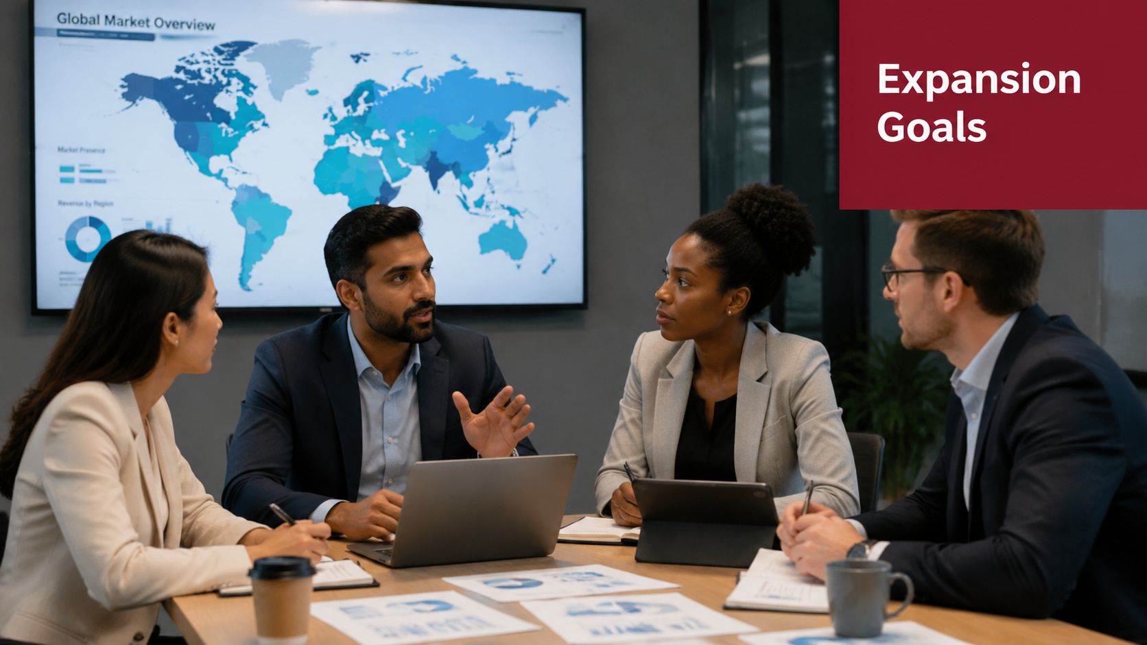 A diverse business team collaborating on global expansion goals during a strategy meeting in an office.
