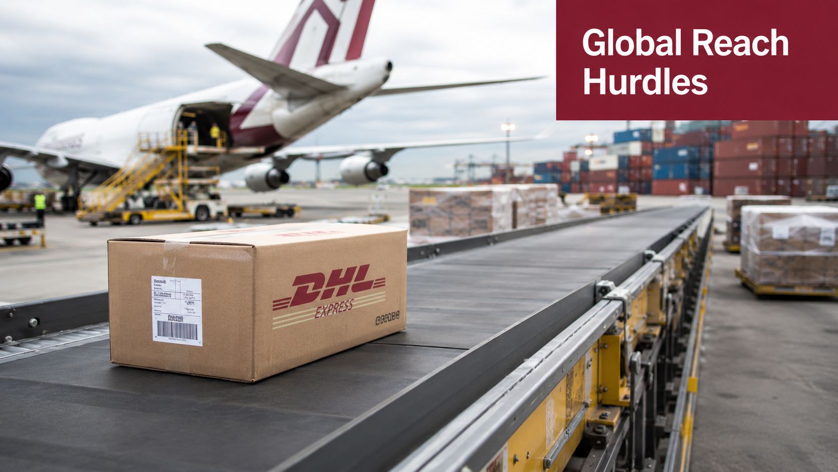 A DHL Express package on a conveyor belt with a cargo plane and shipping containers behind it.