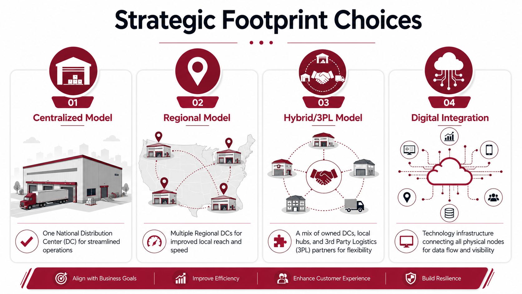 An infographic showing four strategic distribution network design choices including centralized, regional, hybrid, and digital integration models.