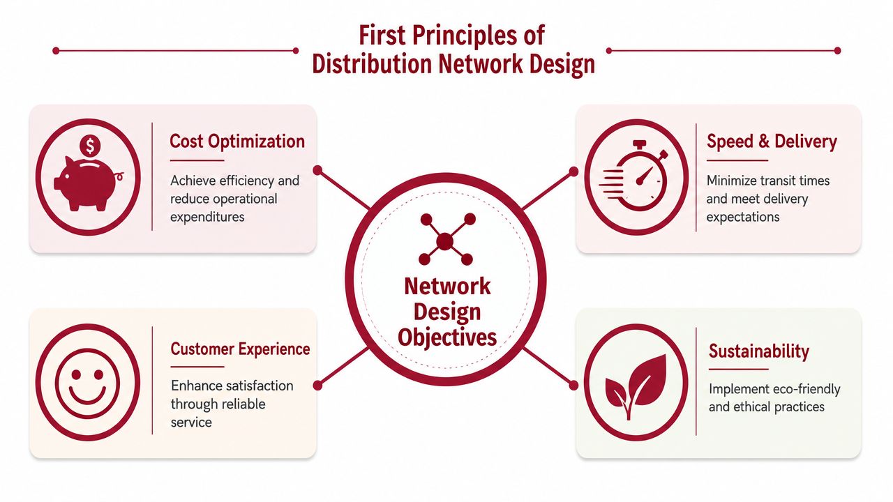 An infographic showing four core objectives for distribution network design including cost optimization, speed, customer experience, and sustainability.