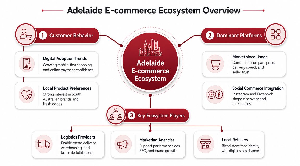 A diagram visualizing the E-commerce ecosystem in Adelaide, covering customer behavior, digital platforms, and key business players.