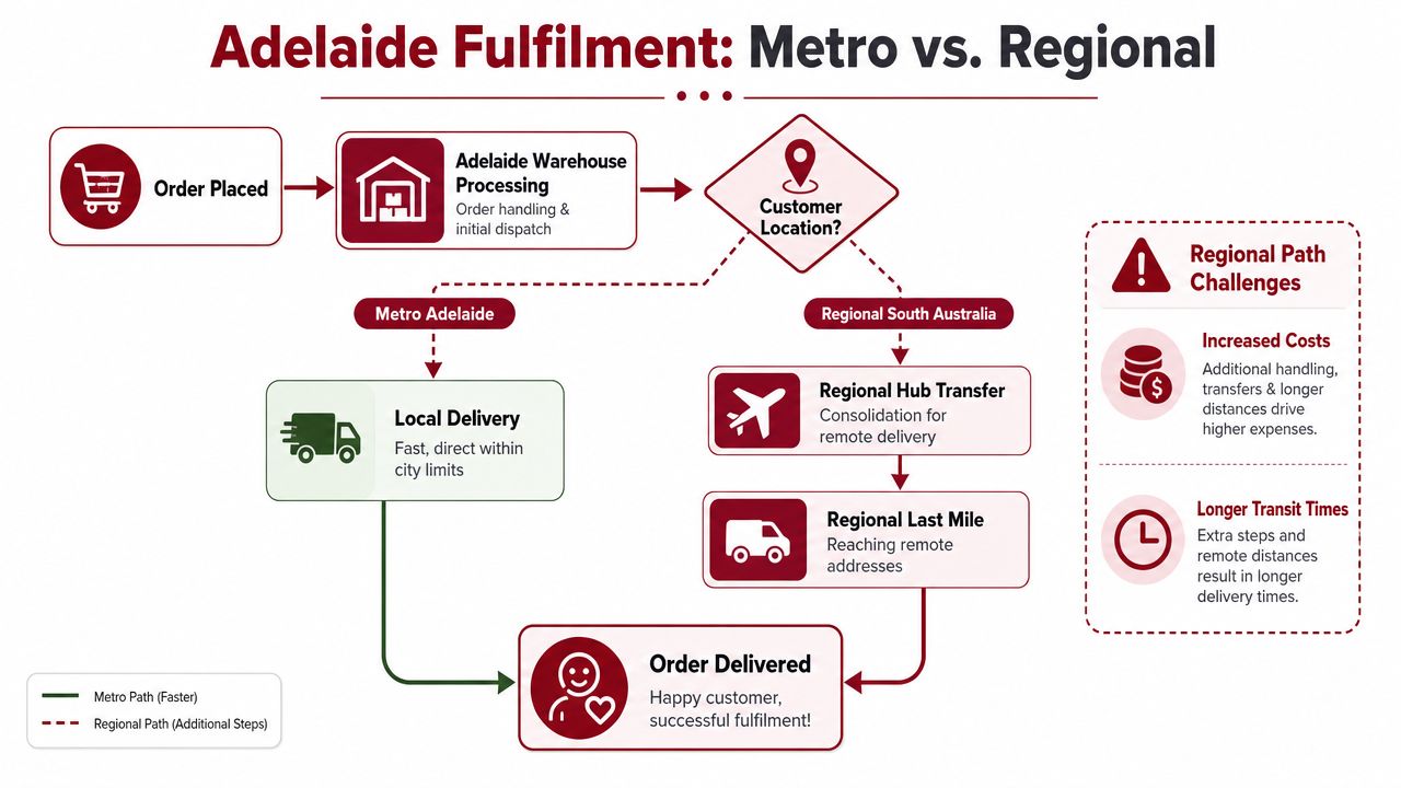 A flowchart showing the Adelaide product fulfillment process for metro and regional South Australia delivery paths.