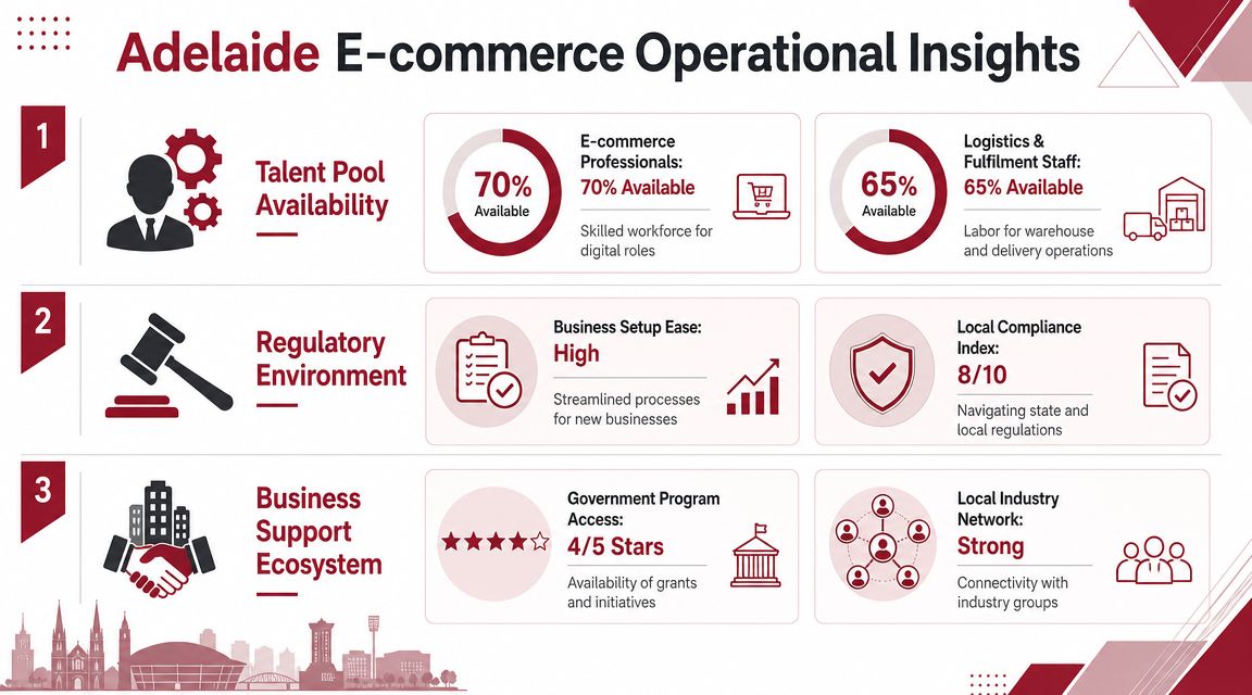 An infographic showing operational insights for e-commerce businesses in Adelaide, covering labor, regulations, and support.