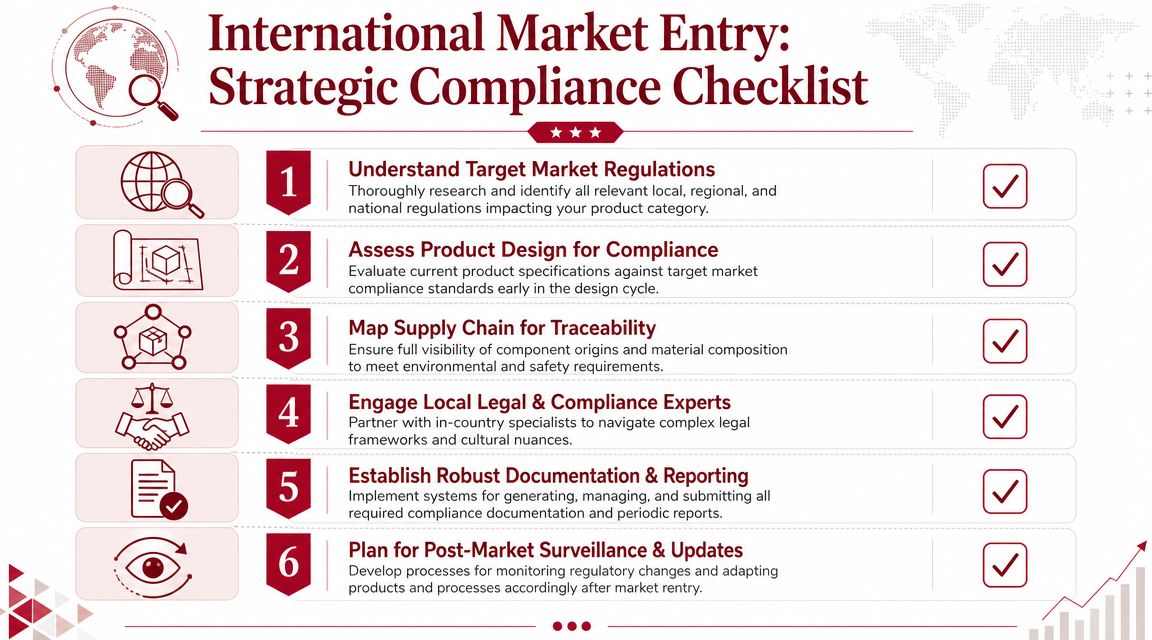 A strategic compliance checklist infographic for international market entry showing six key steps for business success.