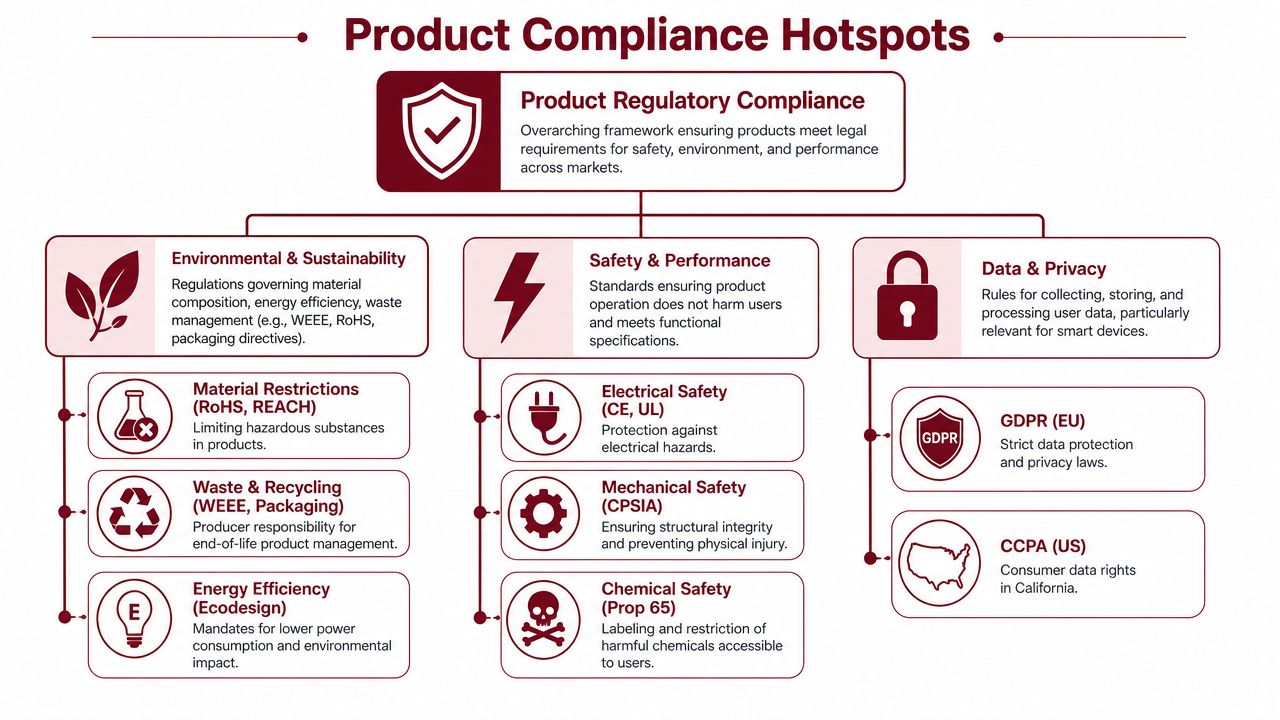 A diagram outlining key product compliance categories including environmental standards, safety requirements, and data privacy regulations.
