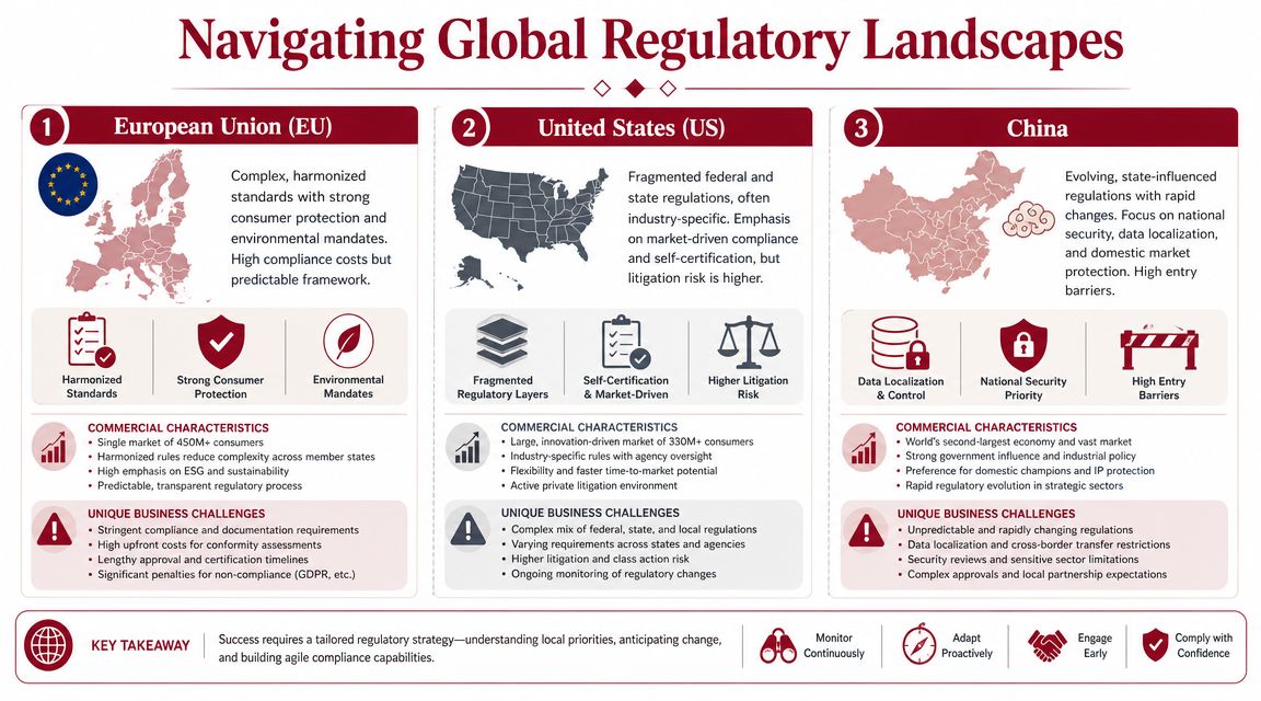 An infographic titled Navigating Global Regulatory Landscapes comparing regulatory environments in the EU, US, and China.