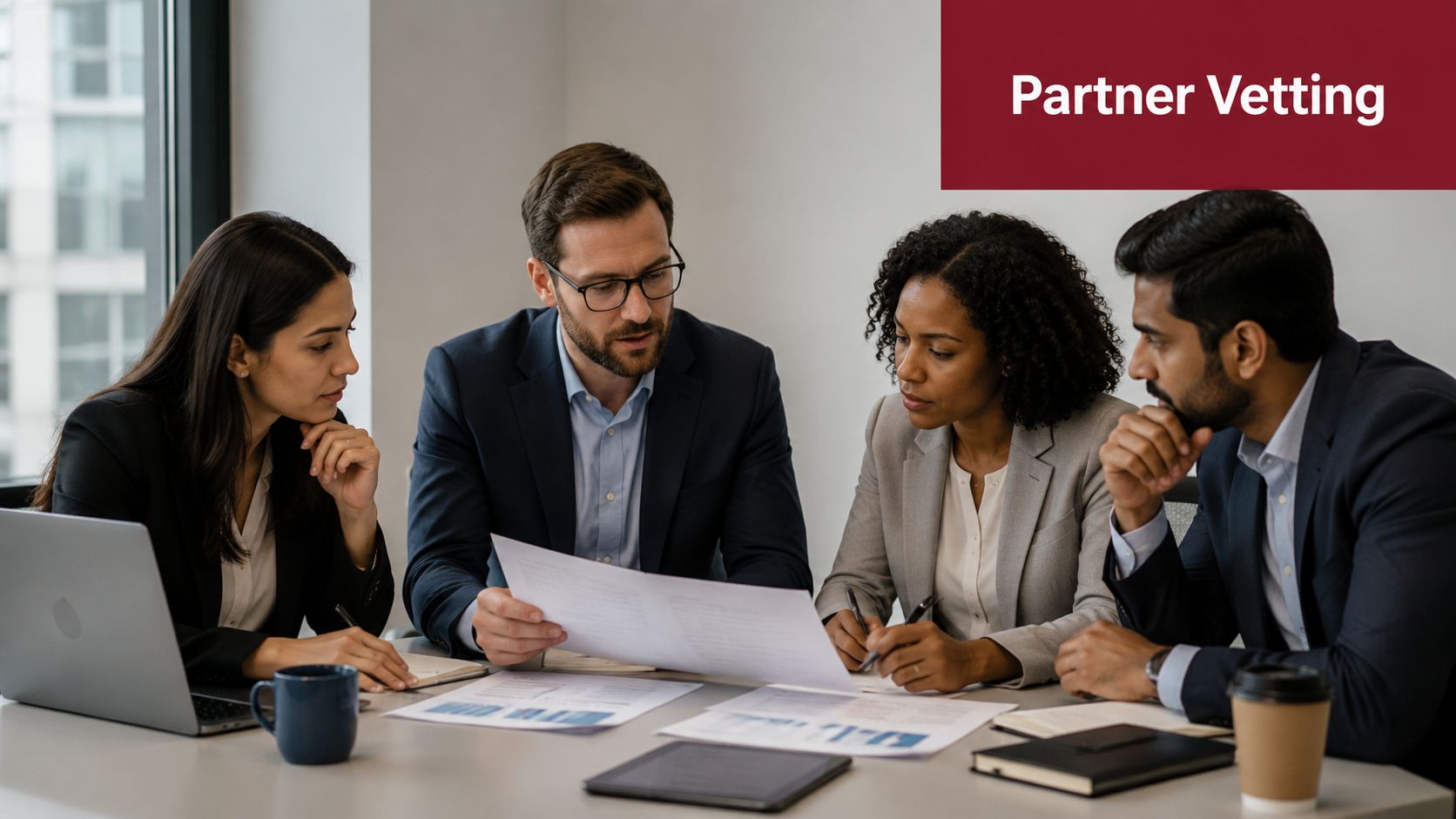 A diverse team of professionals collaboratively evaluating documents and data during a formal business meeting.