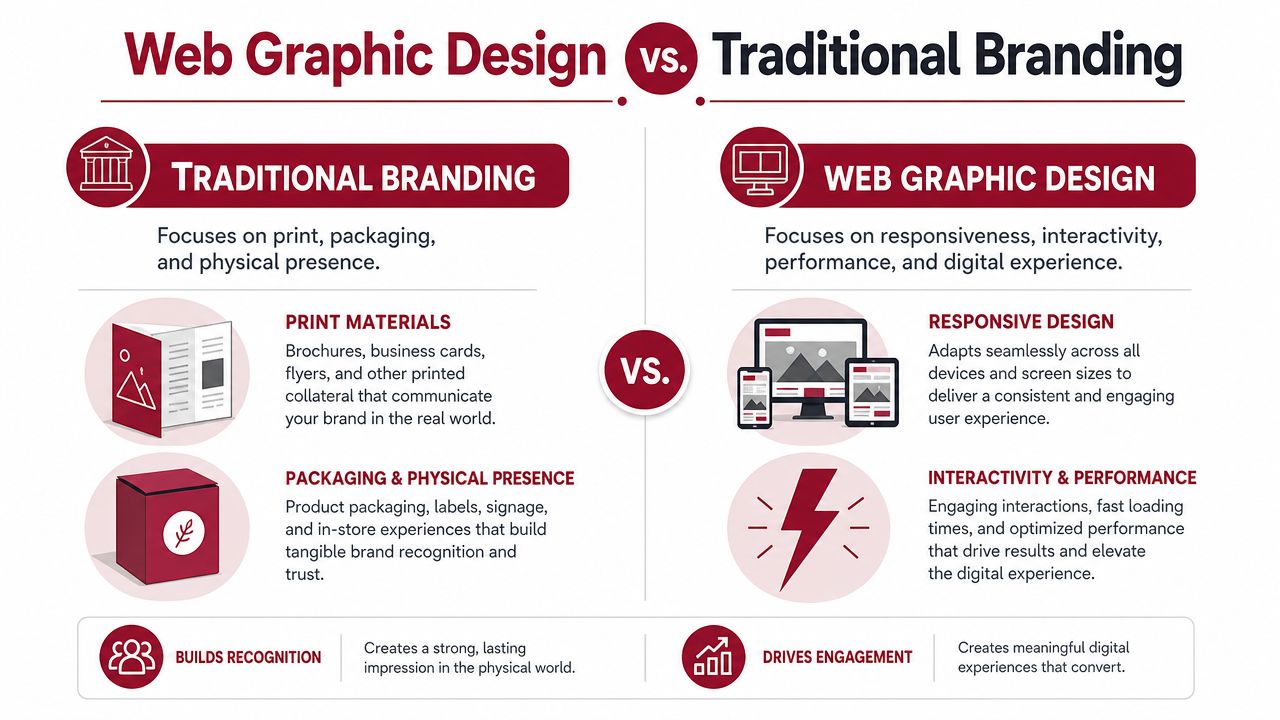 A comparison infographic between traditional branding and web graphic design, highlighting their respective focuses and key attributes.