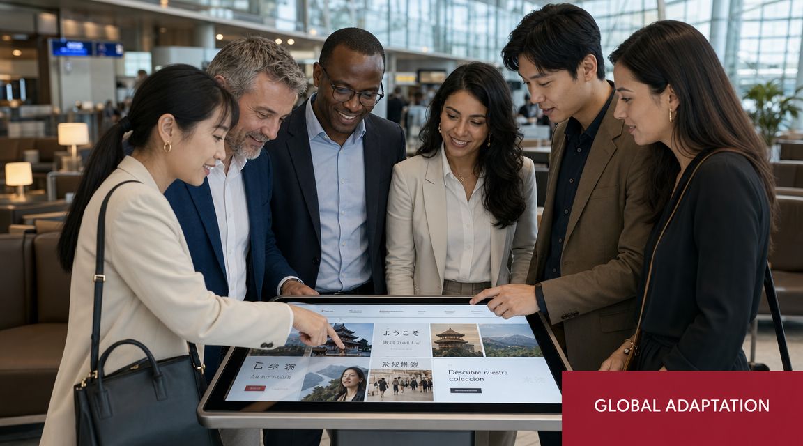 A diverse group of business professionals interacting with an interactive touch screen display in a bright airport terminal.