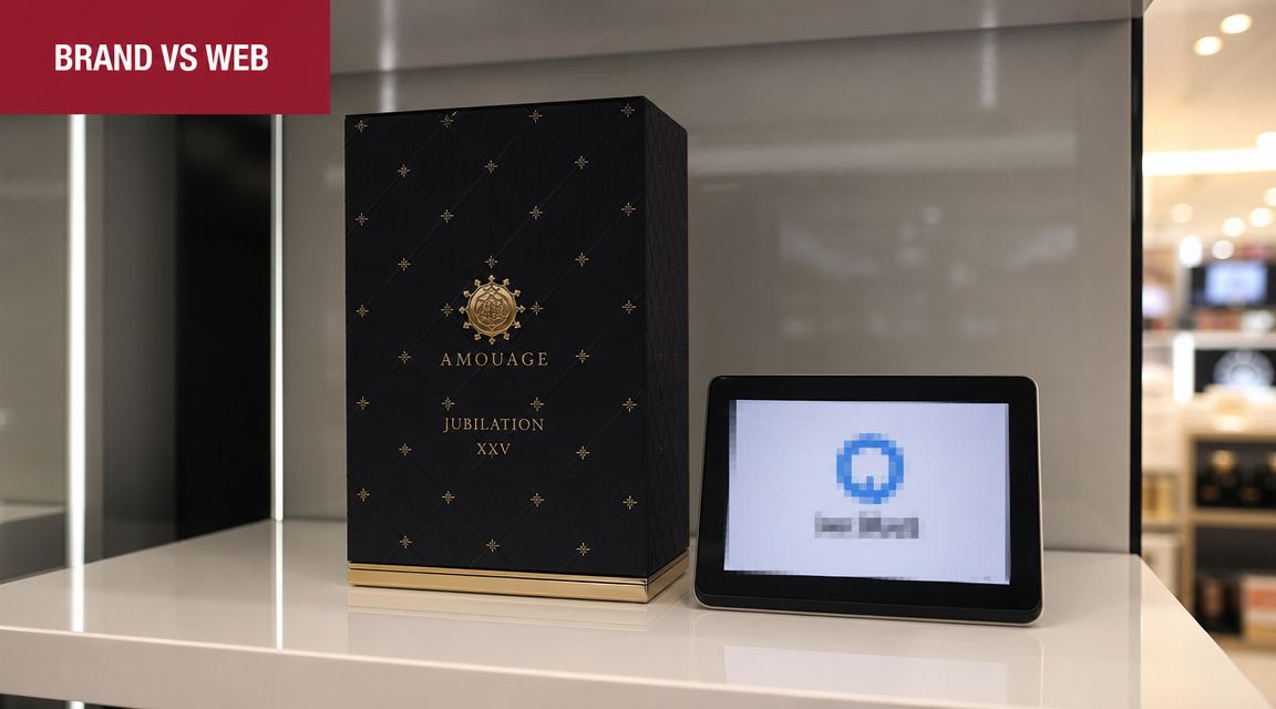 An Amouage Jubilation XXV perfume box sits next to a digital tablet on a white store shelf.