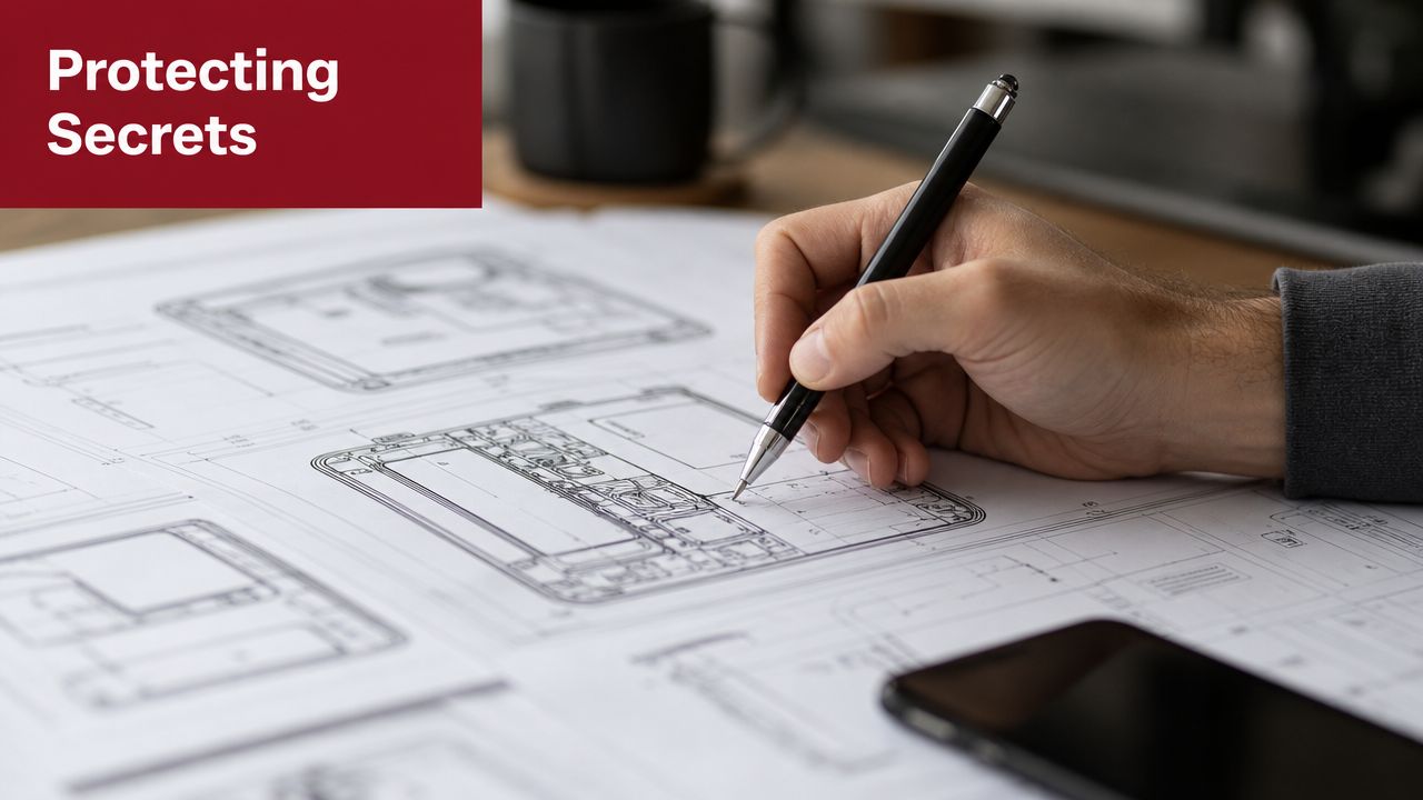 A close-up of a person using a stylus pen to review complex technical engineering blueprints on paper.