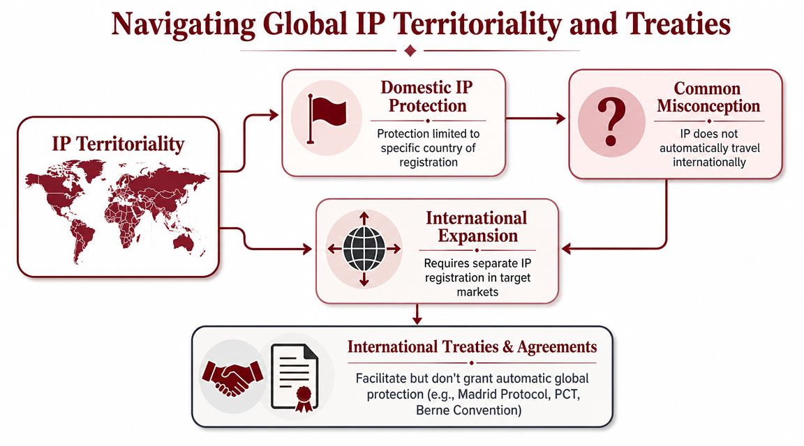 A flowchart explaining that intellectual property protection is territorial and requires international registration via global treaties.