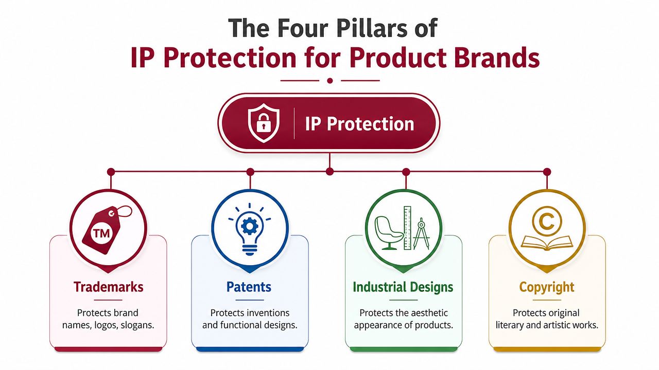An infographic showing the four pillars of intellectual property protection: trademarks, patents, industrial designs, and copyright.