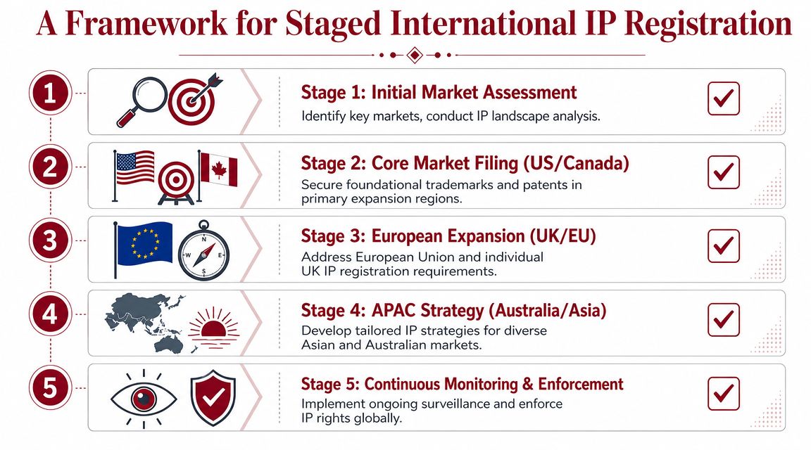 A five-stage framework diagram for planning and managing international intellectual property registration strategies across global markets.