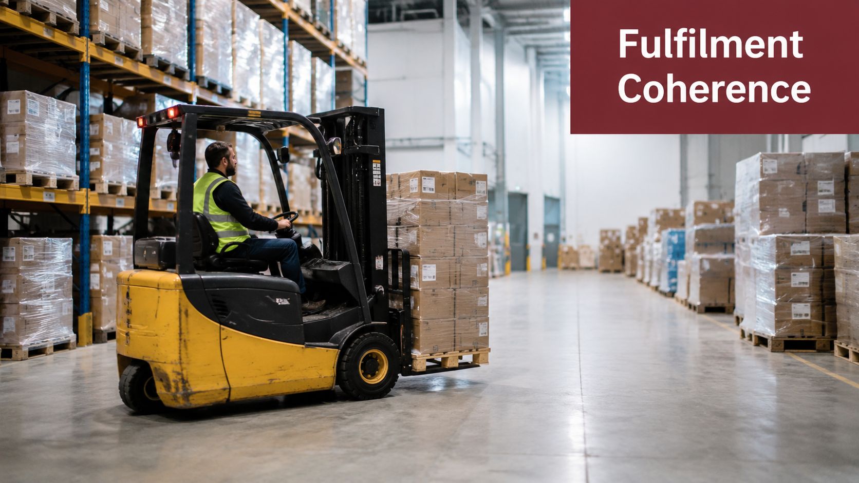 A forklift driver in a warehouse moving a stack of cardboard boxes on a wooden pallet.