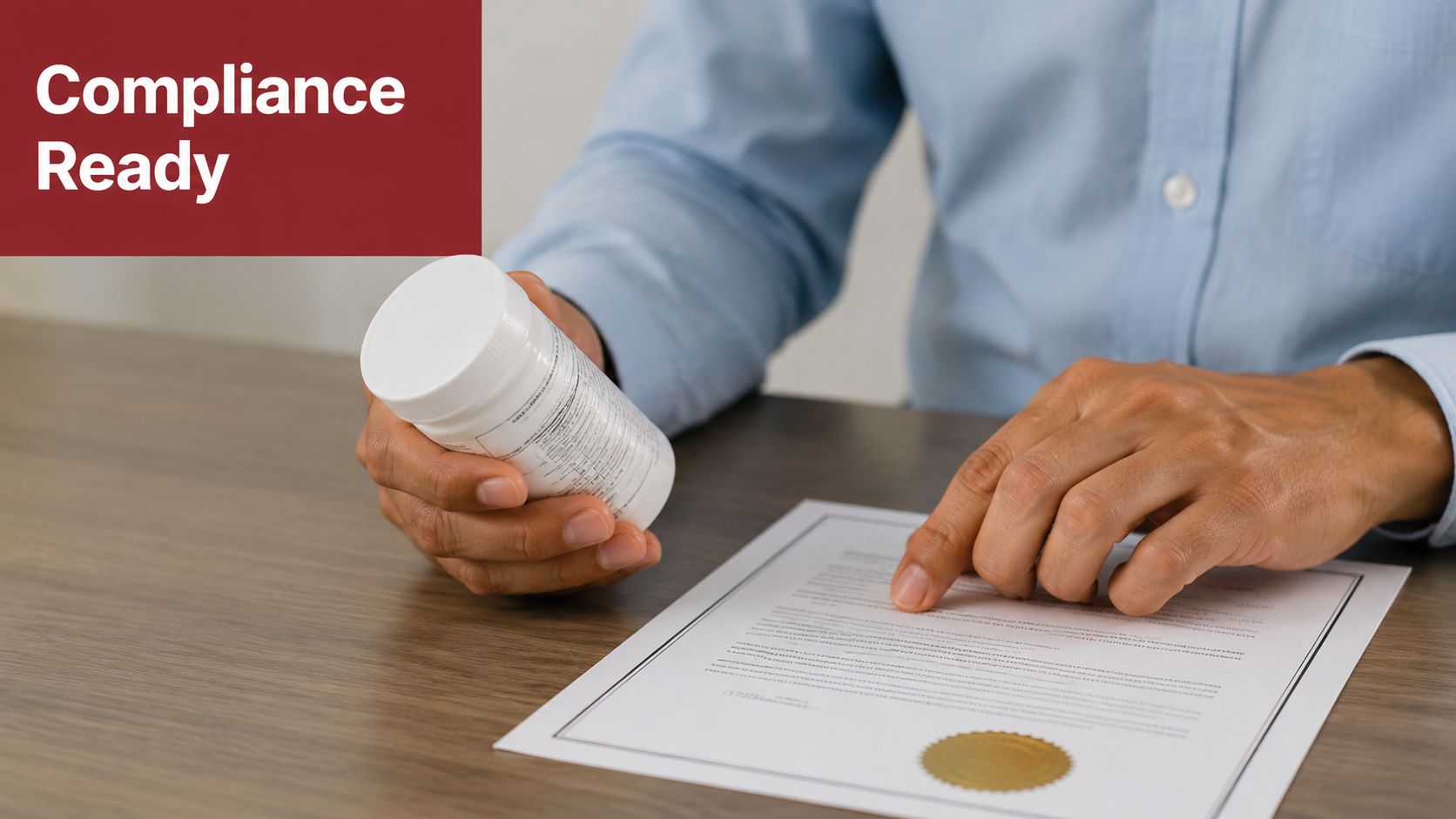 A person in a blue shirt reviews a document while holding a white pharmaceutical bottle on a desk.