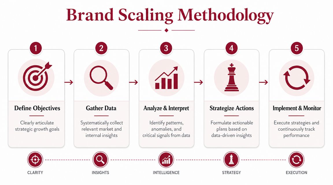 A five-step brand scaling methodology diagram illustrating a strategic process from defining objectives to continuous performance monitoring.