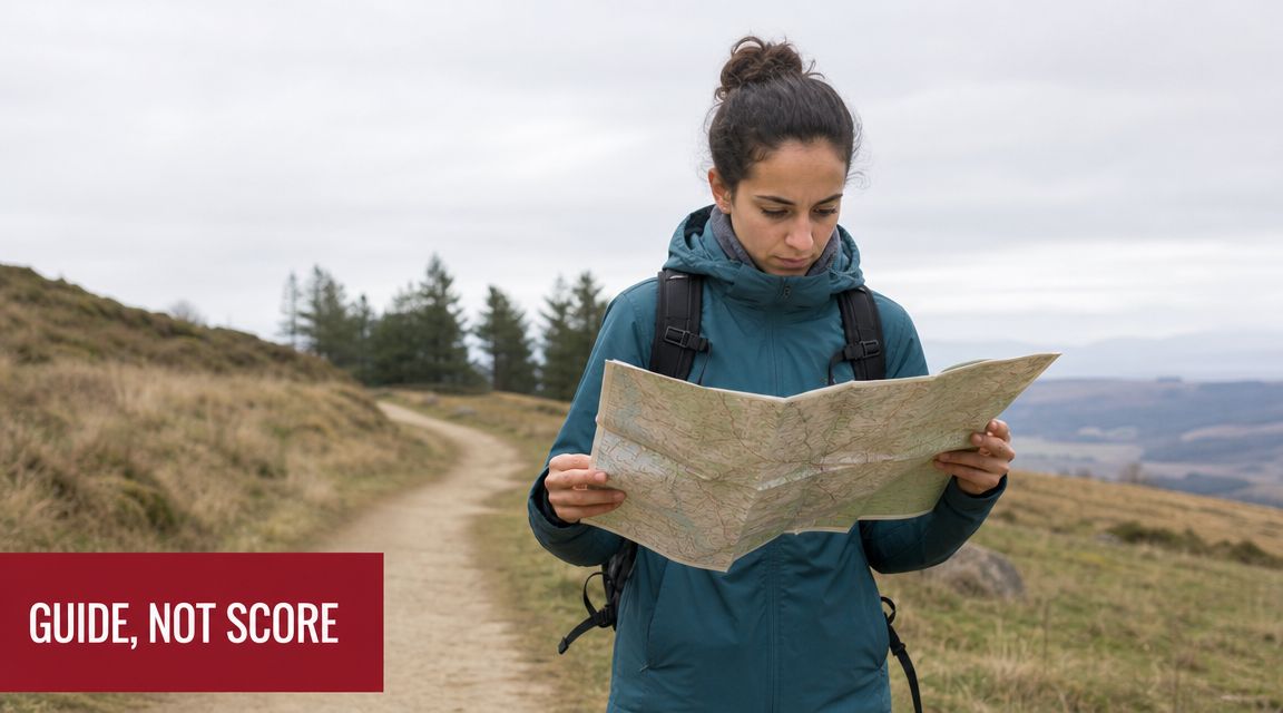 A woman hiker stands on a dirt trail, carefully studying a large paper map while outdoors.