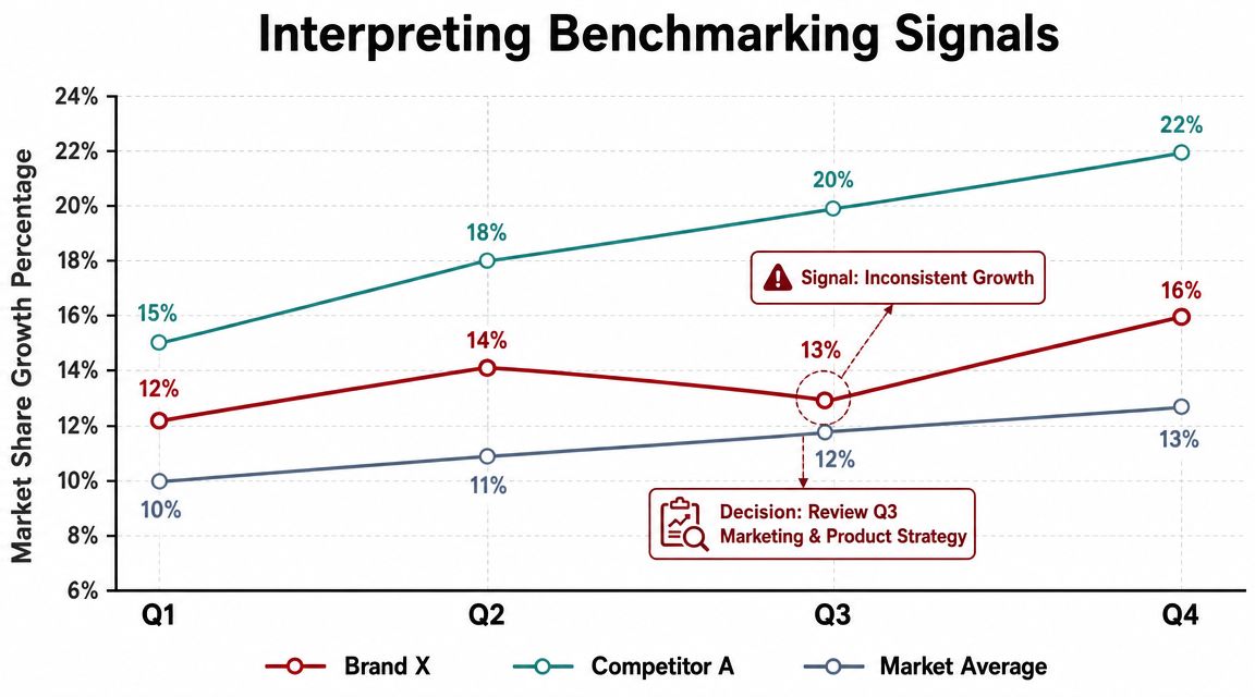 Line chart showing market share growth percentages across four quarters for Brand X, Competitor A, and Market Average.