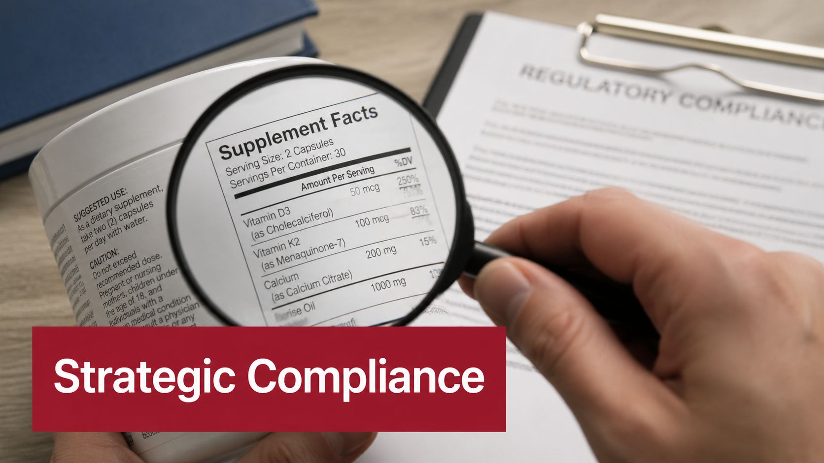 A hand holding a magnifying glass over a supplement facts label on a white bottle.