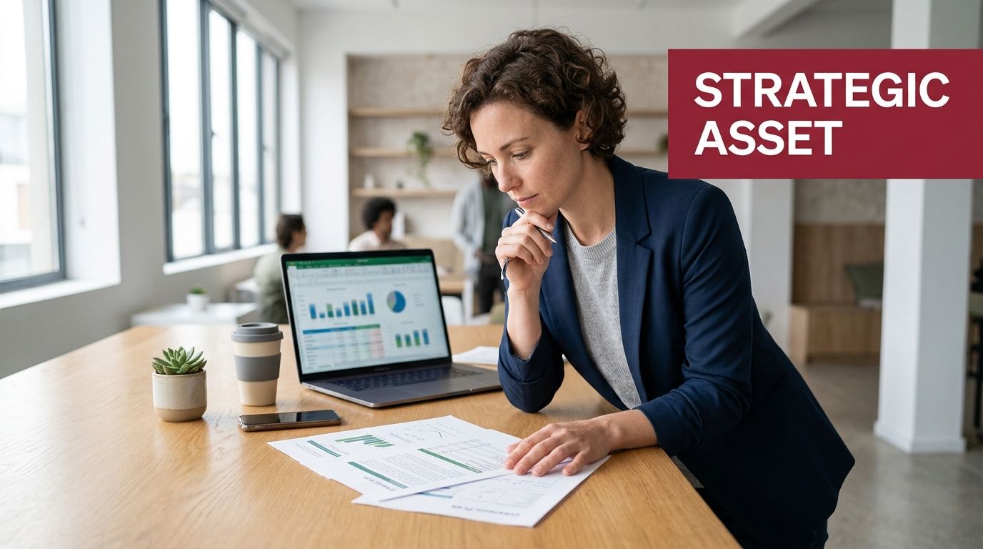A businesswoman in a professional setting analyzes financial reports on her laptop and paper documents.