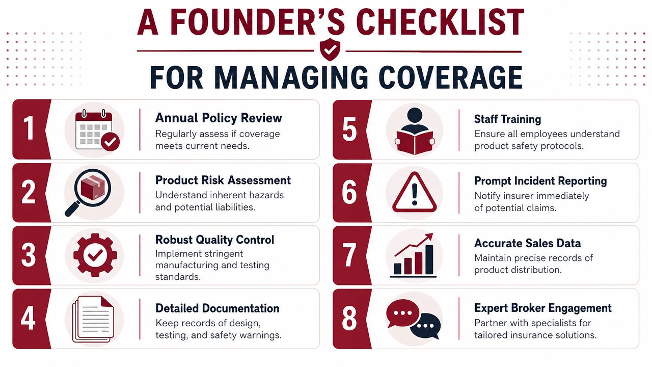 A checklist for founders outlining eight essential steps to effectively manage product liability insurance coverage.