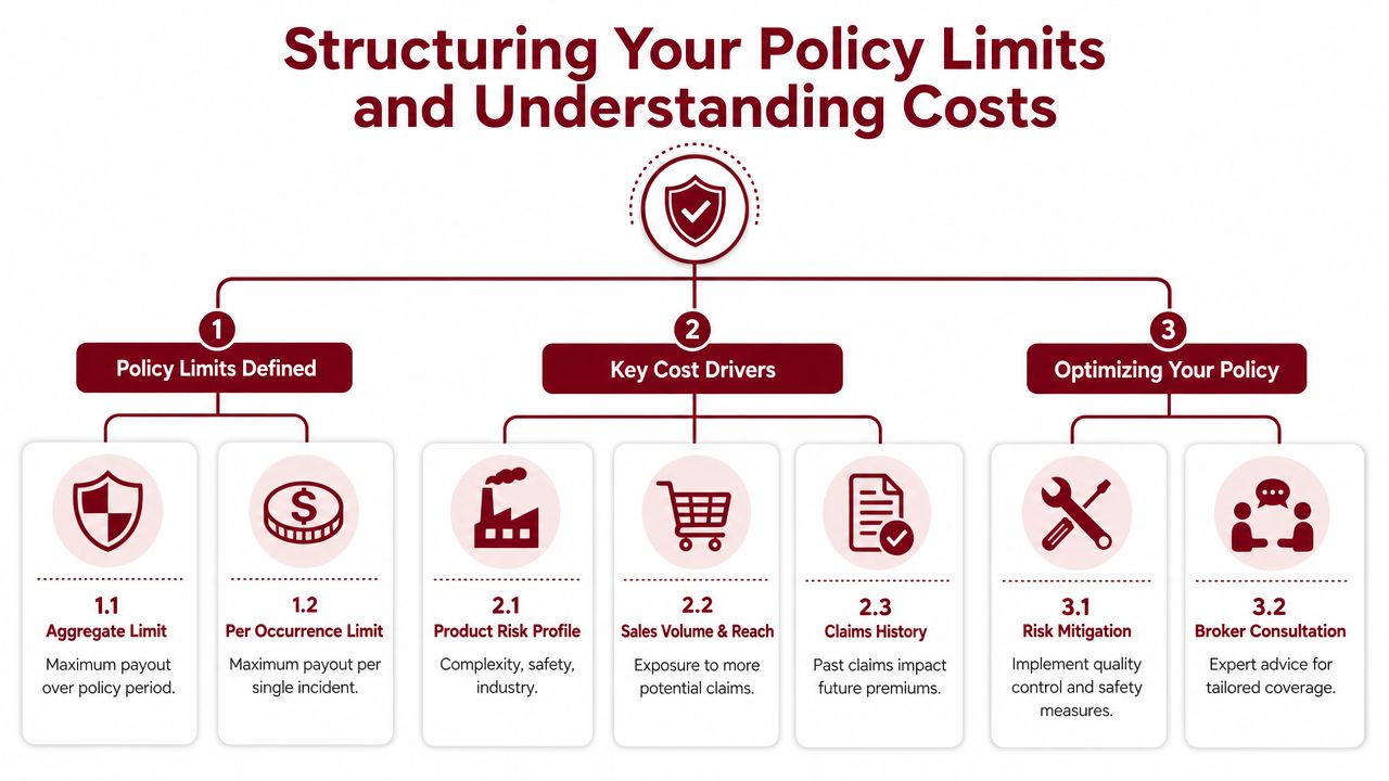 An infographic detailing structure of policy limits, key cost drivers, and methods for optimizing insurance coverage.