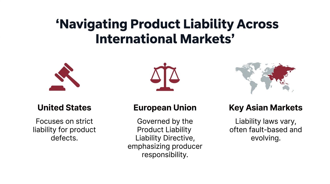 An infographic titled Navigating Product Liability Across International Markets, showing legal approaches in the US, EU, and Asia.