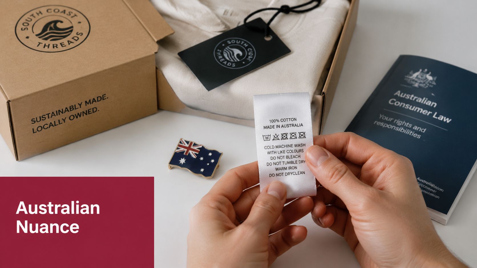 Hands holding a garment care tag next to an Australian Consumer Law handbook and branded box.