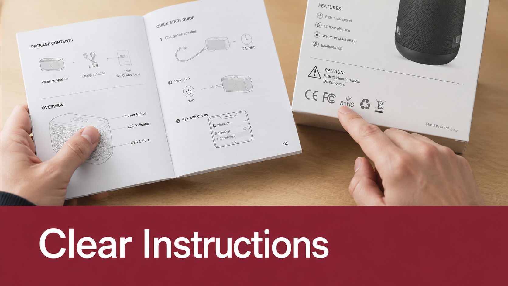 A person reviews a speaker's instruction manual and box, highlighting regulatory compliance logos like CE, FC, and RoHS.