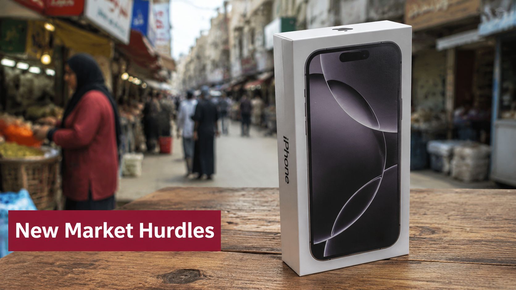 An iPhone box sitting on a wooden table in an outdoor marketplace with blurred people in the background.