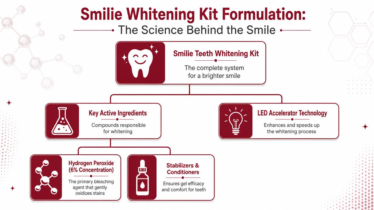 A diagram illustrating the scientific components and technology behind the Smilie Teeth Whitening Kit formulation.