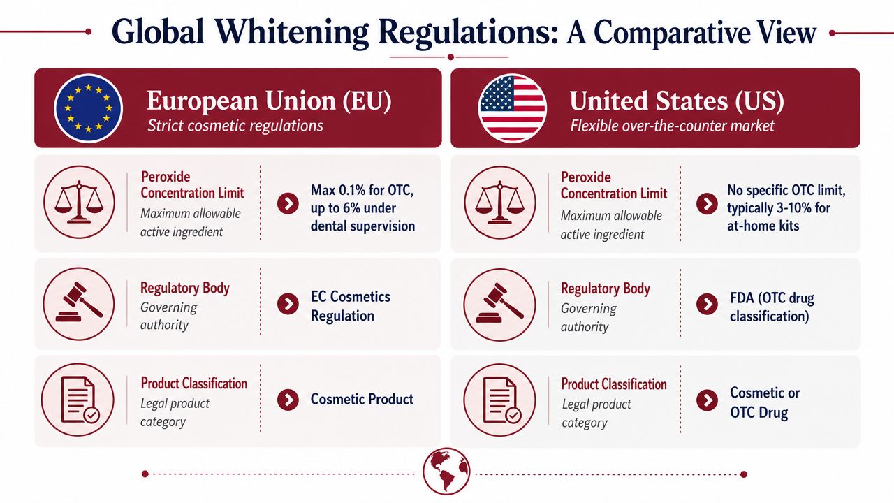 A comparison chart showing tooth whitening regulations between the European Union and the United States.